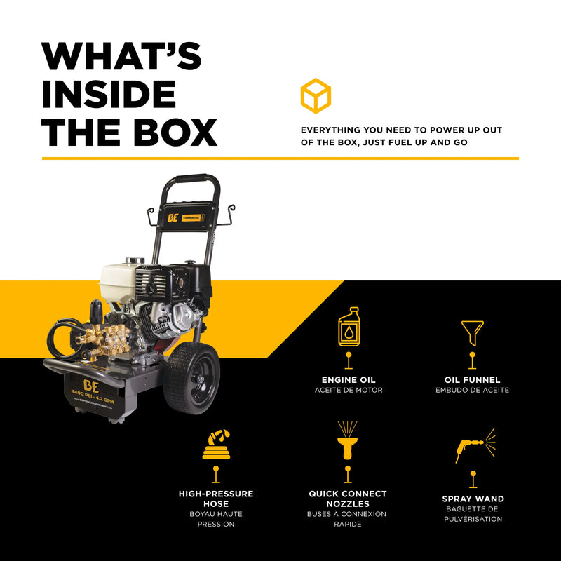 4,200 PSI 4.2 GPM Cold Water Gas Pressure Washer Honda GX390 Engine and General Triplex External Unloader Pump - B4213HGS BE Power Equipment