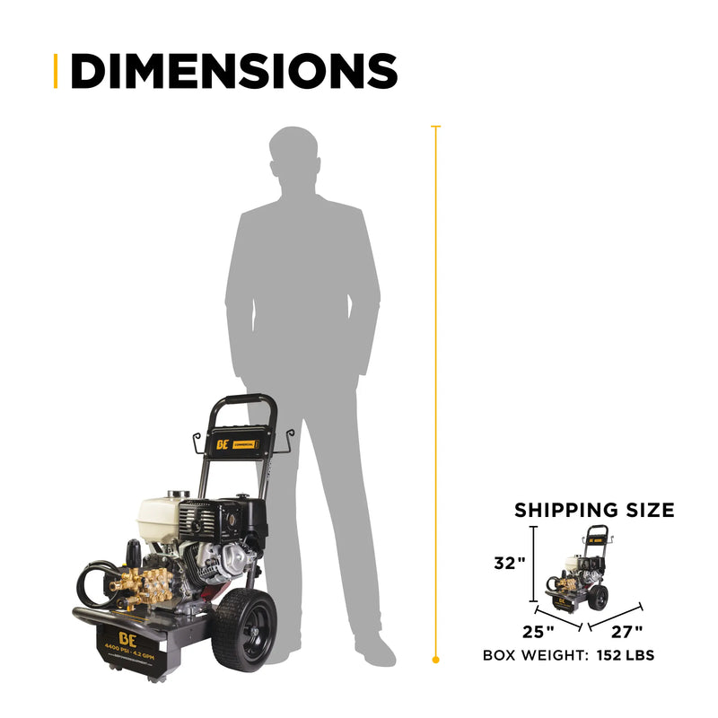 4,200 PSI 4.2 GPM Cold Water Gas Pressure Washer Honda GX390 Engine and General Triplex External Unloader Pump - B4213HGS BE Power Equipment