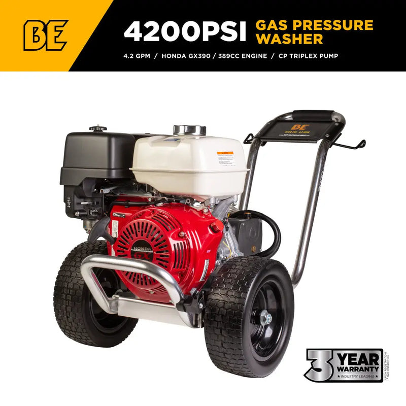 4,200 PSI 4.2 GPM Cold Water Gas Pressure Washer with Honda GX390 Engine and CP Triplex Pump on Aluminum Frame - B4213HAAS BE Power Equipment