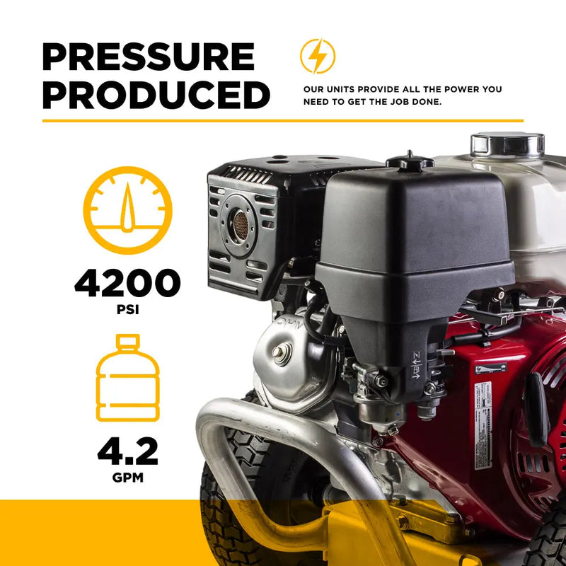 4,200 PSI 4.2 GPM Cold Water Gas Pressure Washer with Honda GX390 Engine and General Belt Drive Triplex Pump on Aluminum Frame - B4213HABGS BE Power Equipment