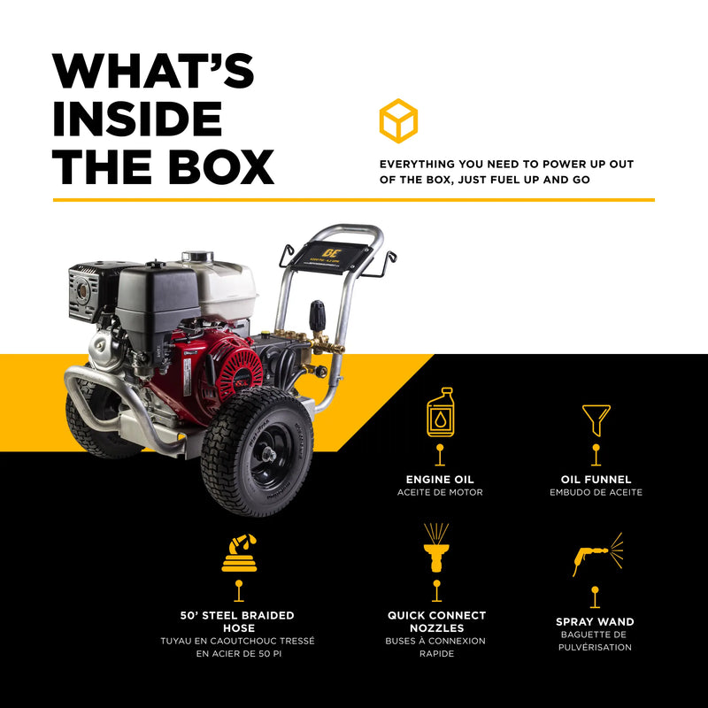 4,200 PSI 4.2 GPM Cold Water Gas Pressure Washer with Honda GX390 Engine and General Belt Drive Triplex Pump on Aluminum Frame - B4213HABGS BE Power Equipment