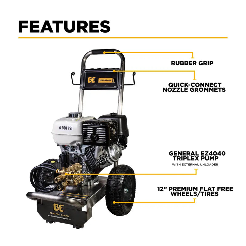 4,200 PSI 4.2GPM Cold Water Gas Pressure Washer Honda GX390 Engine and General Triplex Pump on Stainless Steel Frame - B4213HSGS BE Power Equipment