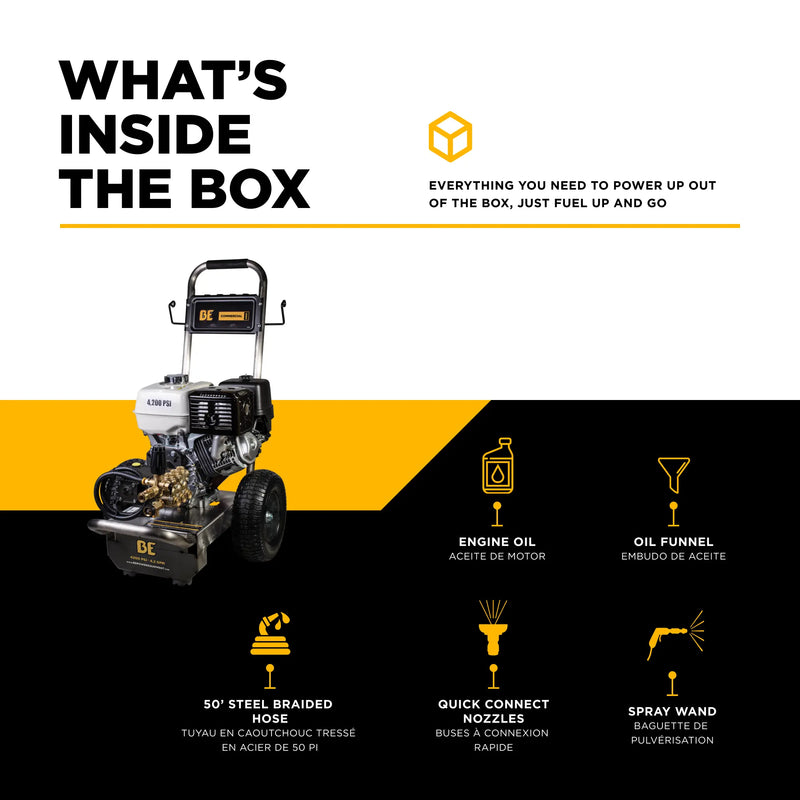 4,200 PSI 4.2GPM Cold Water Gas Pressure Washer Honda GX390 Engine and General Triplex Pump on Stainless Steel Frame - B4213HSGS BE Power Equipment