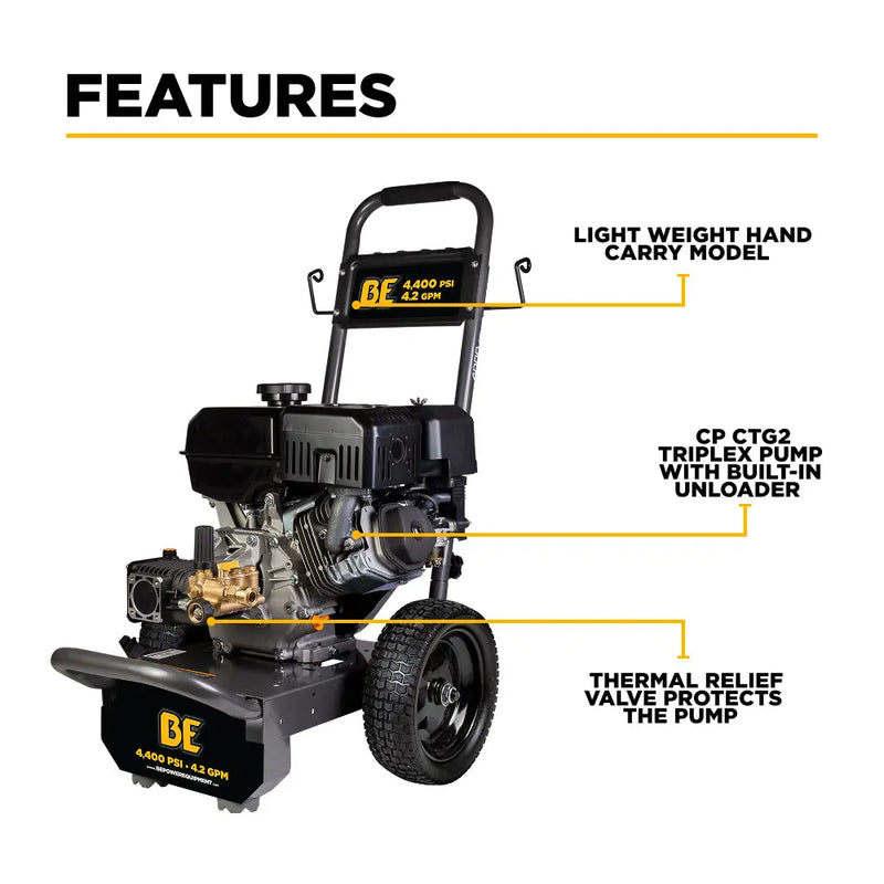 4,400 PSI 4.2 GPM Cold Water Gas Pressure Washer Powerease 420cc Engine and CP Triplex Pump - B4415PA BE Power Equipment