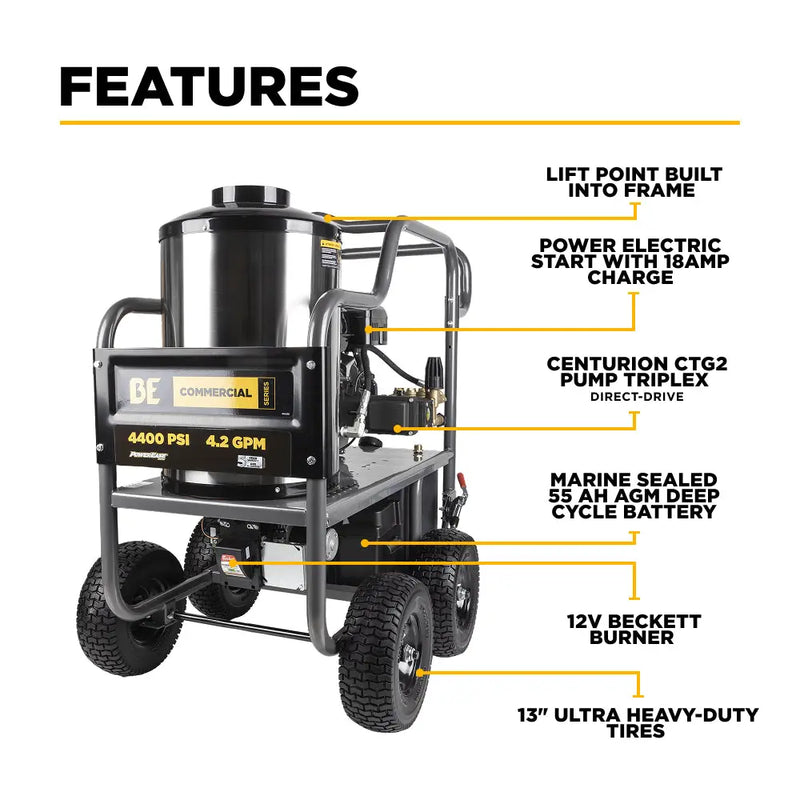 4,400 PSI - 4.2 GPM Hot Water Pressure Washer with Powerease 420 Engine and CP Triplex Pump - HW4415PA BE Power Equipment