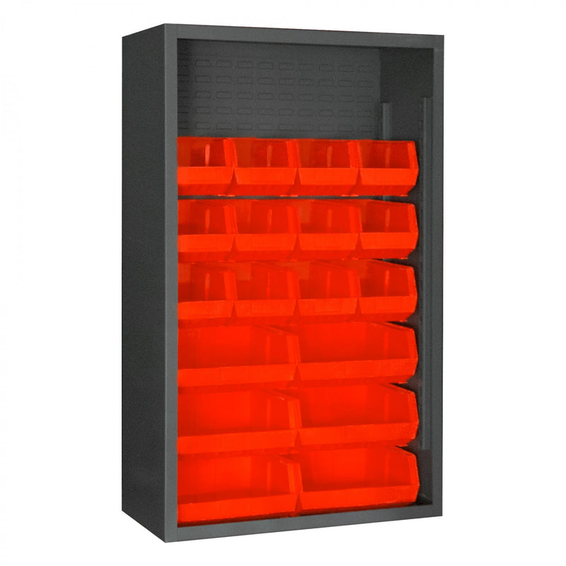 Durham Enclosed Shelving, 12 Gauge, 36 x 18 x 60, 18 Red Bins, Gray