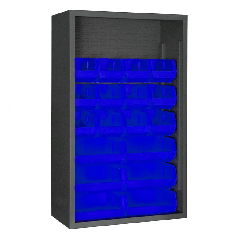 Durham Enclosed Shelving, 12 Gauge, 36 x 18 x 60, 18 Blue Bins, Gray