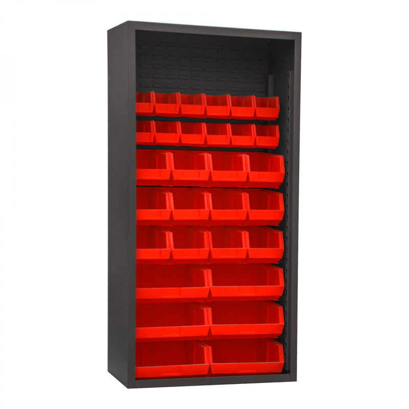 Durham Enclosed Shelving, 12 Gauge, 36 x 18 x 72, 30 Red Bins, Gray