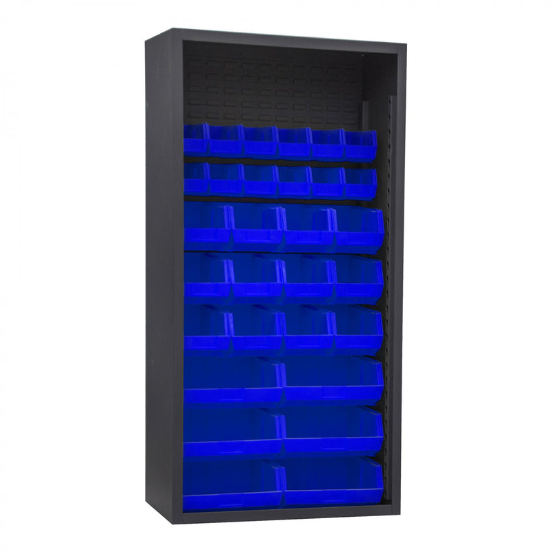 Durham Enclosed Shelving, 12 Gauge, 36 x 18 x 72, 30 Blue Bins, Gray