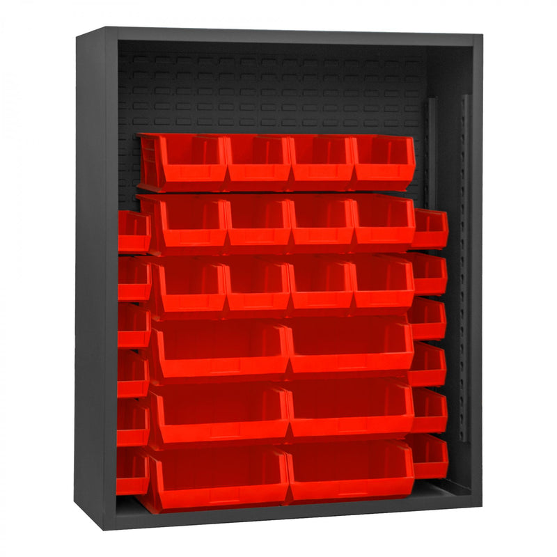 Durham Enclosed Shelving, 12 Gauge, 48 x 18 x 60, 30 Red Bins, Gray
