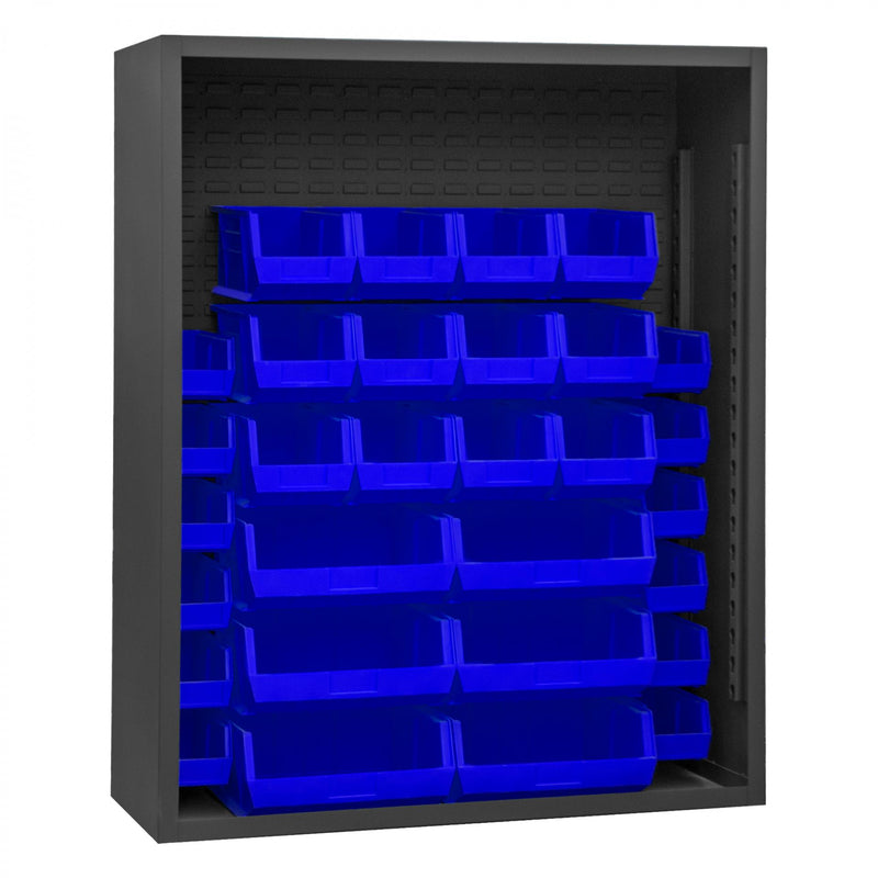 Durham Enclosed Shelving, 12 Gauge, 48 x 18 x 60, 30 Blue Bins, Gray