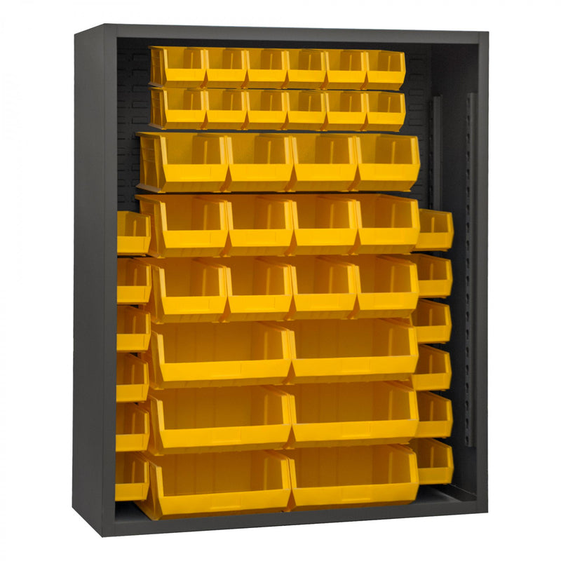 Durham Enclosed Shelving, 12 Gauge, 48 x 18 x 72, 42 Yellow Bins, Gray