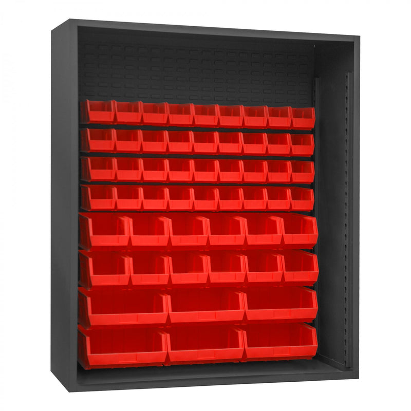 Durham Enclosed Shelving, 12 Gauge, 60 x 24 x 72, 54 Red Bins, Gray