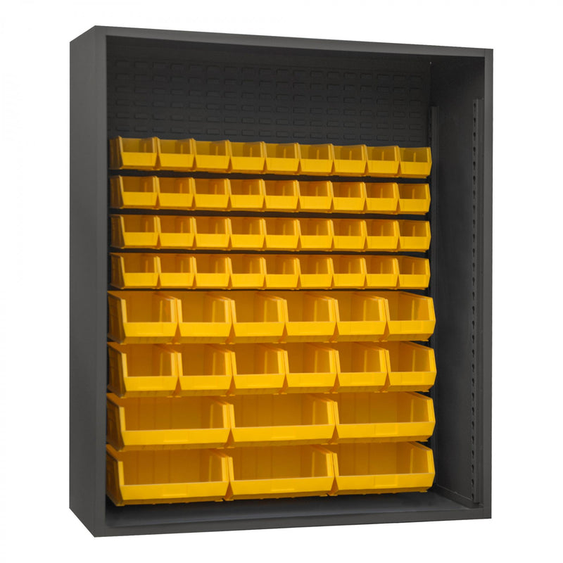 Durham Enclosed Shelving, 12 Gauge, 60 x 24 x 72, 54 Yellow Bins, Gray