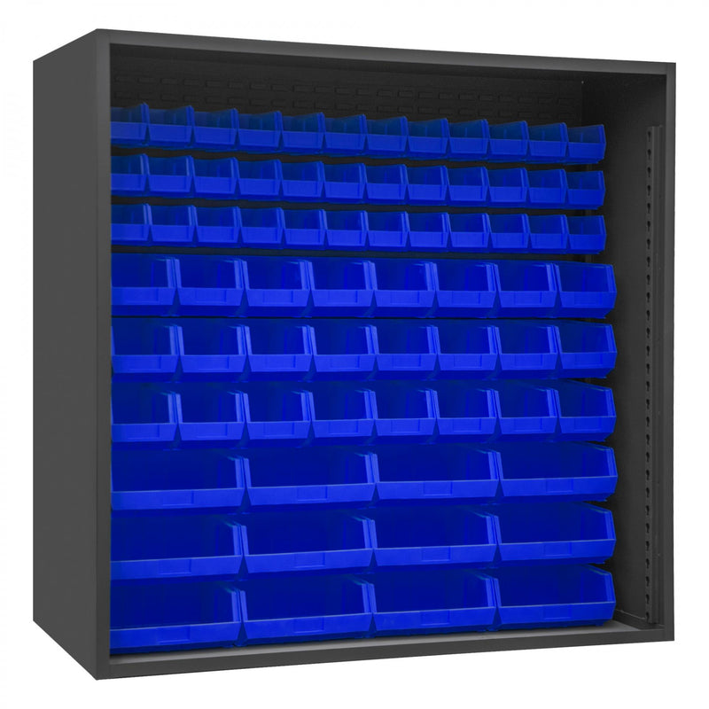 Durham Enclosed Shelving, 12 Gauge, 72 x 24 x 72, 72 Blue Bins, Gray