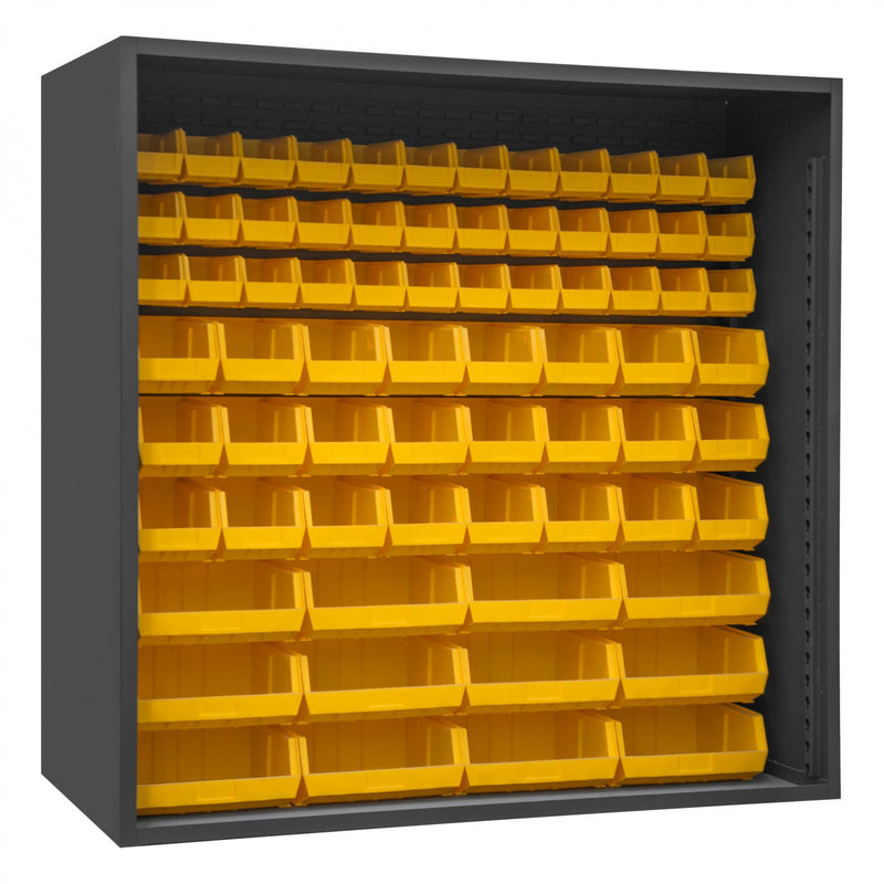 Durham Enclosed Shelving, 12 Gauge, 72 x 24 x 72, 72 Yellow Bins, Gray