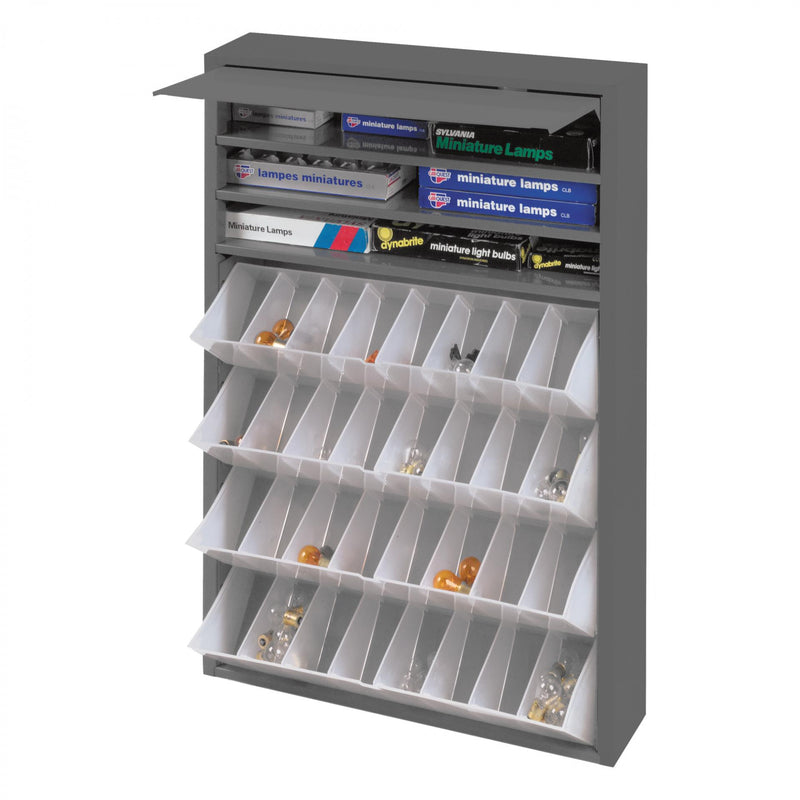 Durham Tilt-Out Tray Dispensing Cabinet, 4 Trays, 28 Dividers, 19-1/16 x 4-1/16 x 26-3/4
