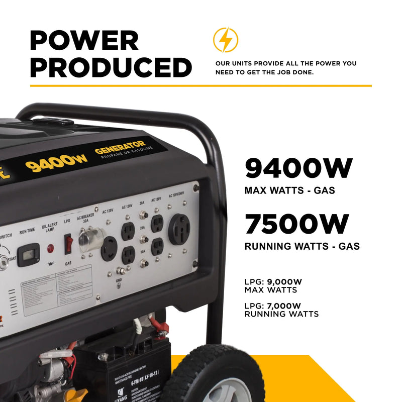 9,400 Watt Dual Fuel Electric Start Generator BE Power Equipment