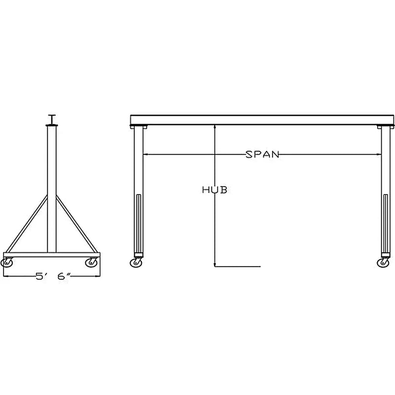 Technical drawing of a gantry crane showing dimensions and specifications.