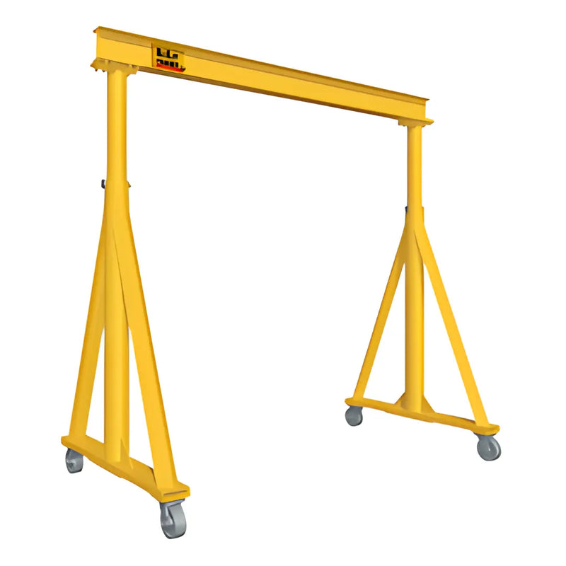 Yellow portable gantry crane with wheels, suitable for lifting tasks.