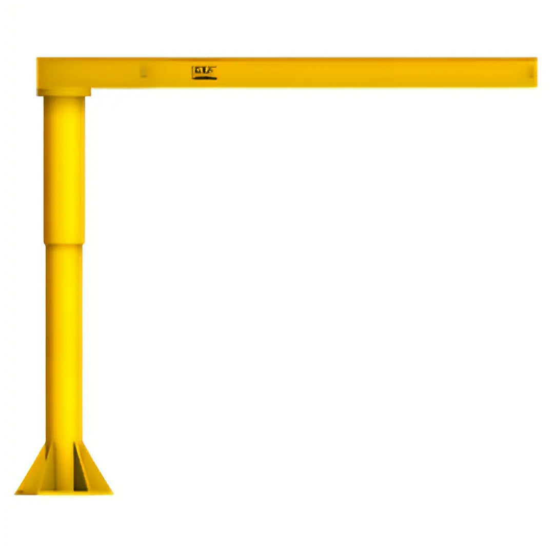 Yellow jib crane with base plate, designed for lifting applications.