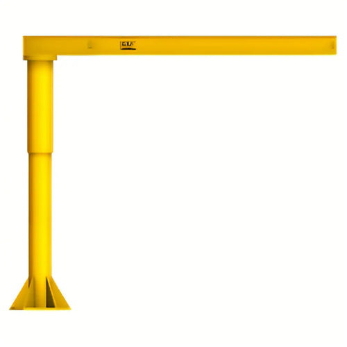 Yellow jib crane with base plate, designed for lifting applications.