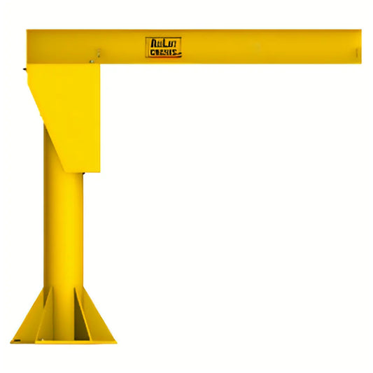 Yellow jib crane with base plate, designed for lifting applications.