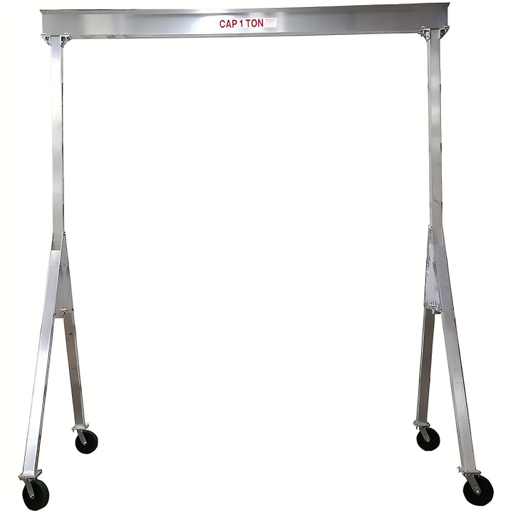 Aluminum gantry crane with wheels, labeled for 2-ton capacity