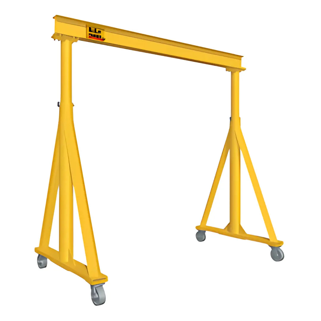 Yellow portable gantry crane with wheels, suitable for lifting tasks.