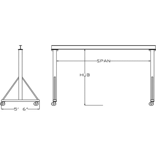 Technical drawing of a gantry crane showing dimensions and specifications.