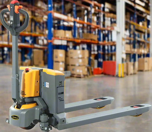Yellow and gray electric pallet jack in spacious warehouse with boxes.