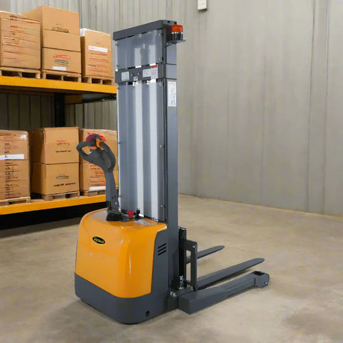 Powered Forklift Full Electric Walkie Stacker in a warehouse