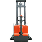 Ballymore Fork Electric Straddle Stacker in orange and gray with control handle electric pallet stacker