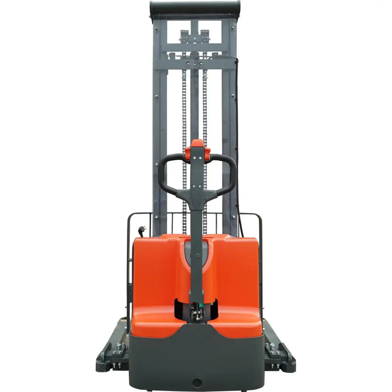 Ballymore Fork Electric Straddle Stacker in orange and gray with control handle electric pallet stacker