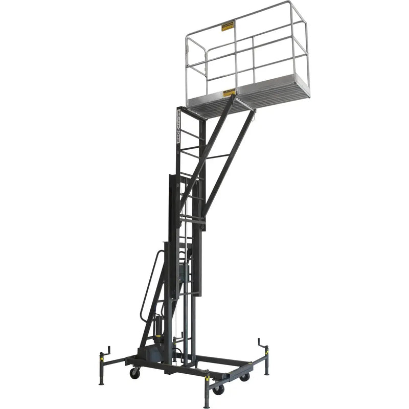 Elevated black mobile work platform with safety rails and support structure.