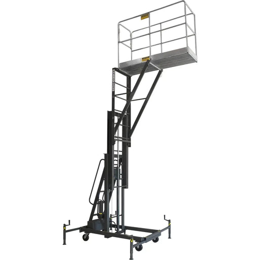 Elevated black mobile work platform with safety rails and support structure.