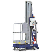 Blue aerial lift with control panel, safety platform, and stabilizers.