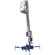 Fully extended blue aerial lift with outriggers and safety platform.