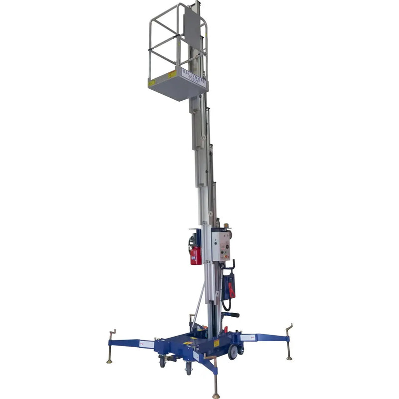 Fully extended blue aerial lift with outriggers and safety platform.