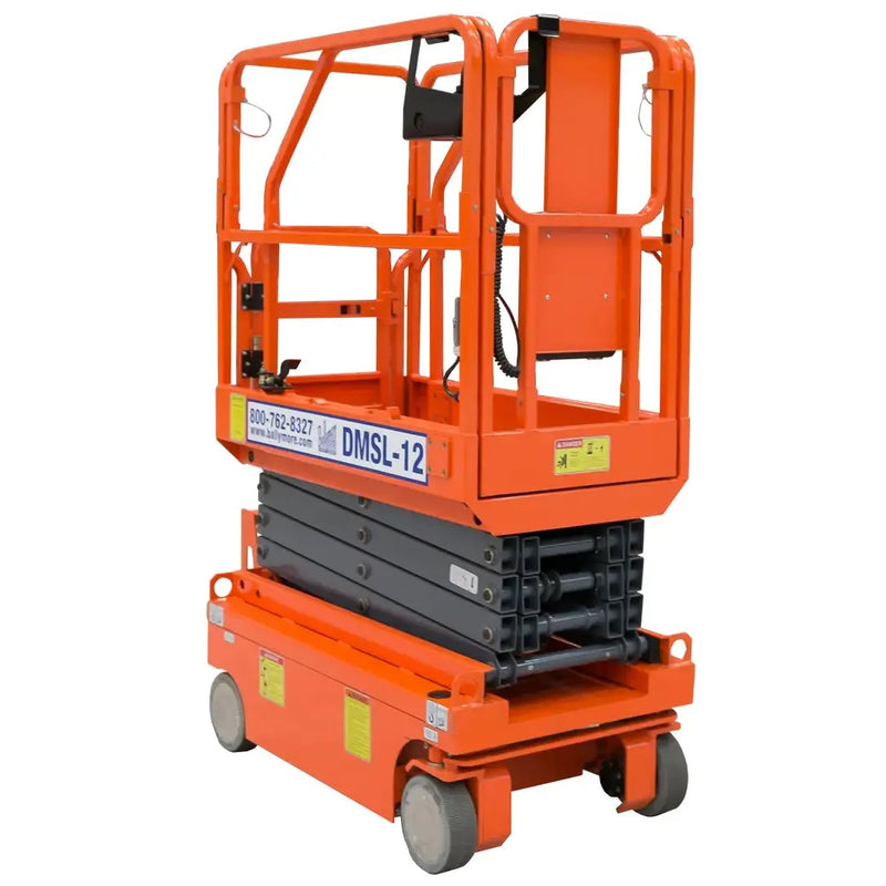 Ballymore drivable compact scissor lift model DMSL-12 in bright orange for industrial use
