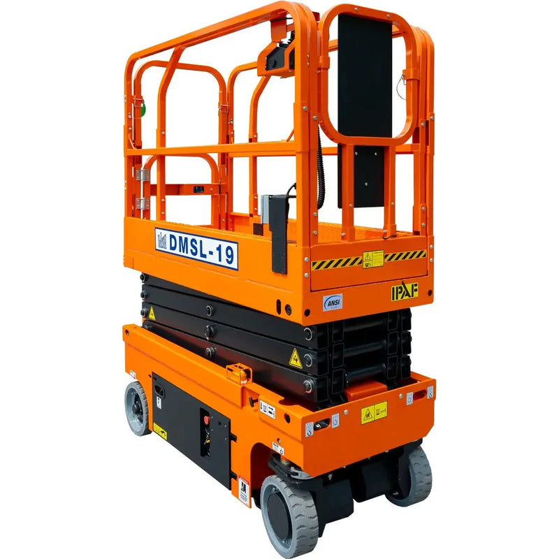 Ballymore drivable compact Scissor Lift in bright orange with safety rails and sturdy wheels