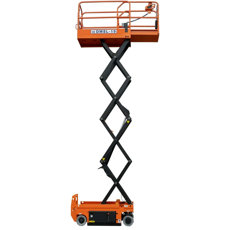Ballymore drivable compact scissor lift fully extended with orange platform and black scissor mechanism