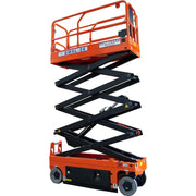 Ballymore drivable compact scissor lift in orange with extended black scissor arms for elevated work