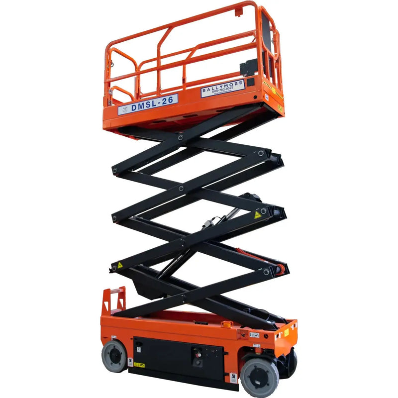 Ballymore drivable compact scissor lift in orange with extended black scissor arms for elevated work