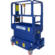 Ballymore compact scissor lift in blue with safety rails and orange wheels for easy mobility