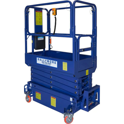 Ballymore compact scissor lift in blue with safety rails and orange wheels for easy mobility