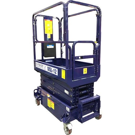 Ballymore compact Scissor Lift in dark blue with safety railings and wheels for elevated work