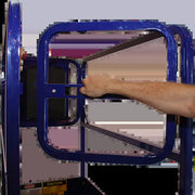 Ballymore compact scissor lift with blue safety gate being held by a hand