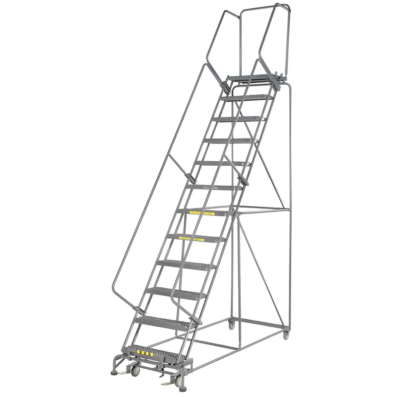 Mobile metal rolling ladder with safety rails and platform steps.