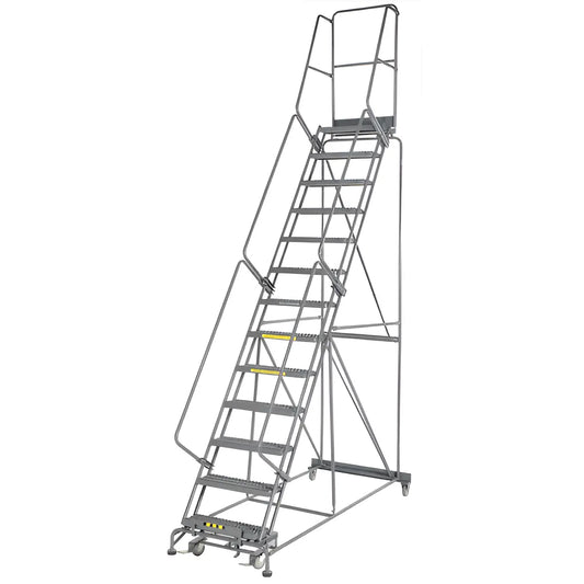 Mobile metal rolling ladder with safety rails and platform steps.